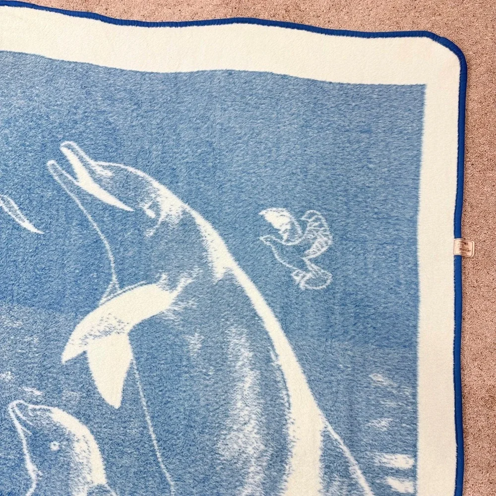 San Marcos Dolphin Blanket Vintage Blue White Reversible 86x65 Plush Ocean Birds